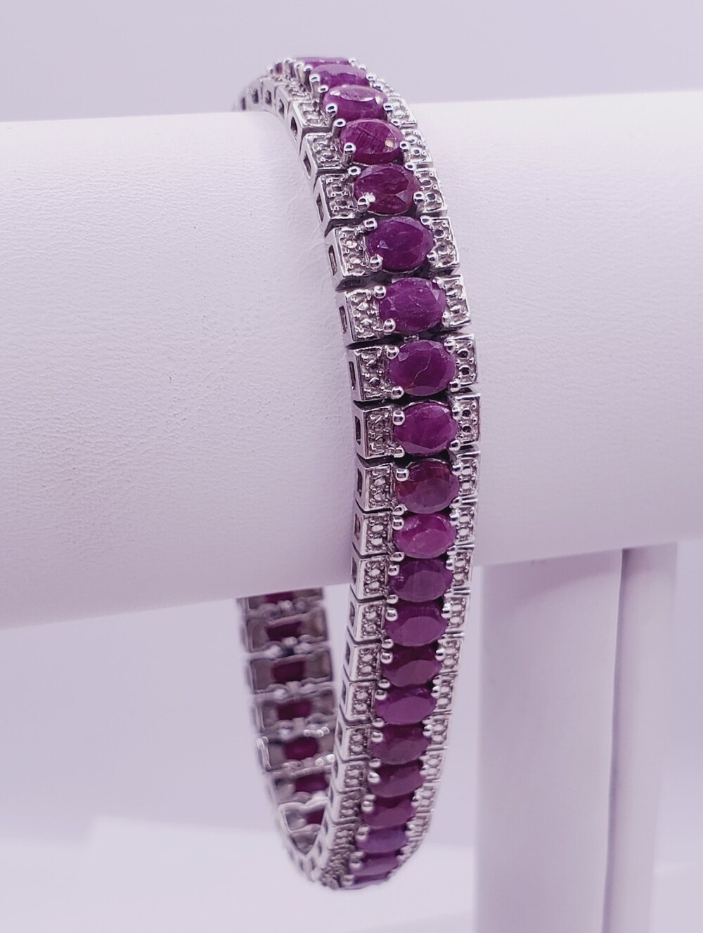 15 Carat Genuine Oval Ruby Rhodium - 925 Sterling Silver Tennis Bracelet